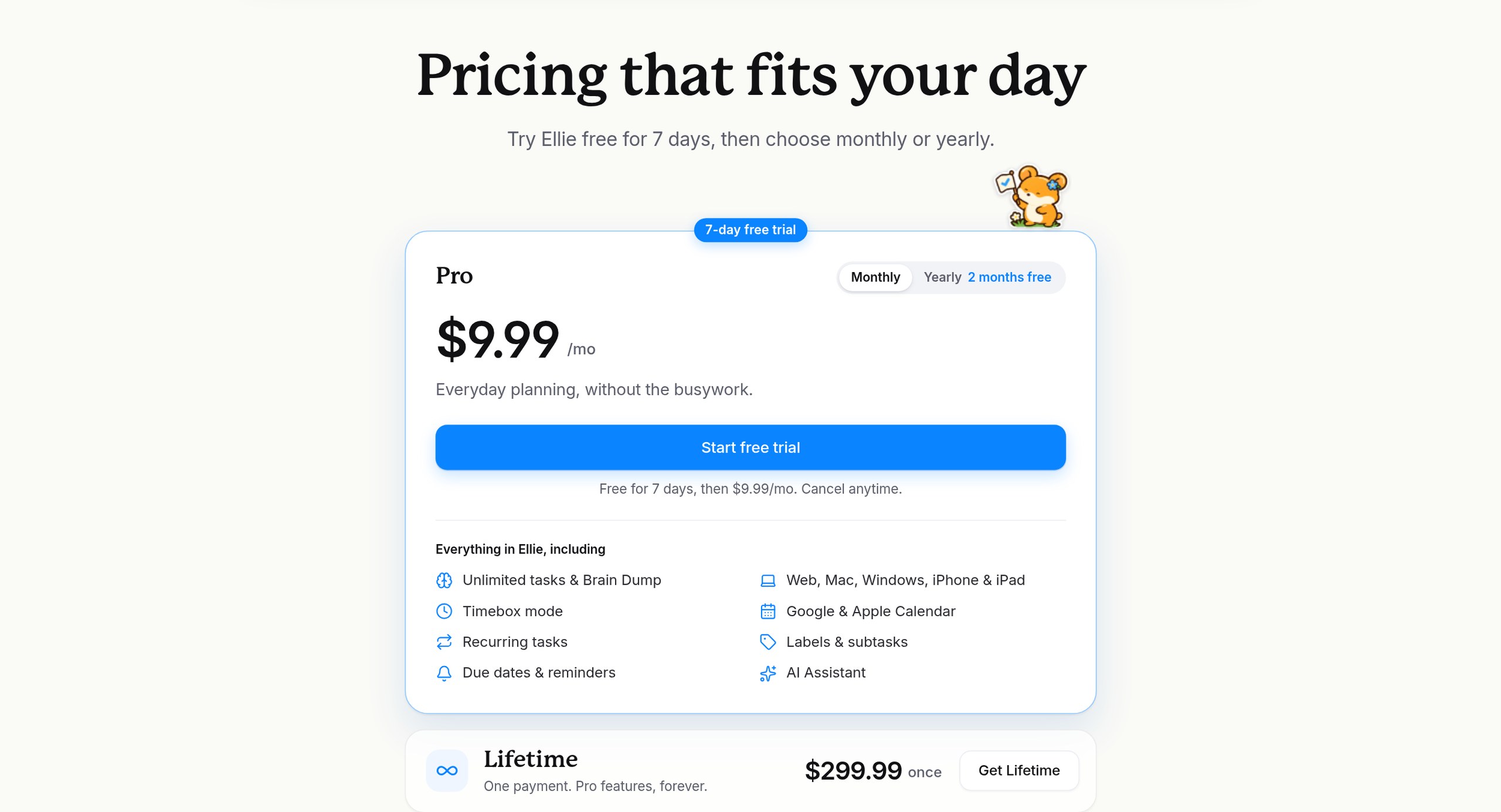 Preços de Ellie Ellie pricing page showing the Pro plan at $9.99 per month and the Lifetime plan at $299.99