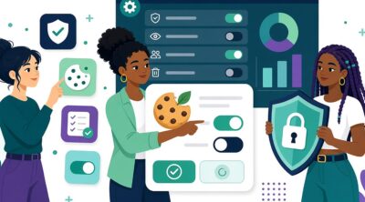 Illustrated women comparing consent management platforms with a cookie consent banner, privacy toggles, and a security shield.