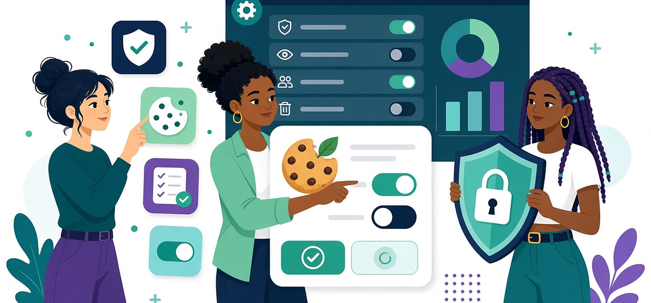 Illustrated women comparing consent management platforms with a cookie consent banner, privacy toggles, and a security shield.