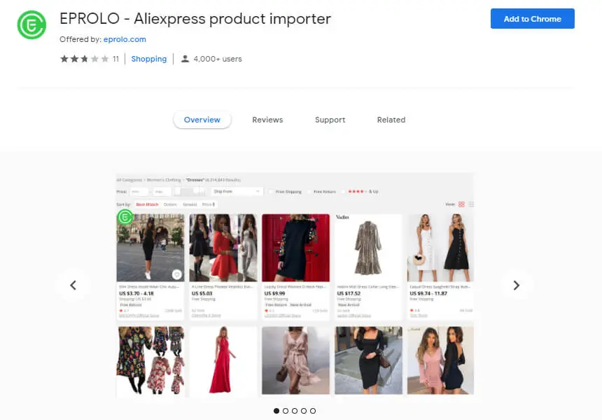 EPROLO AliExpress product importer EPROLO Chrome extension importing an AliExpress product into WooCommerce