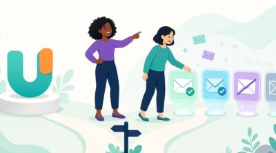 Unroll.Me logo beside alternative inbox cleaner apps being chosen by two women