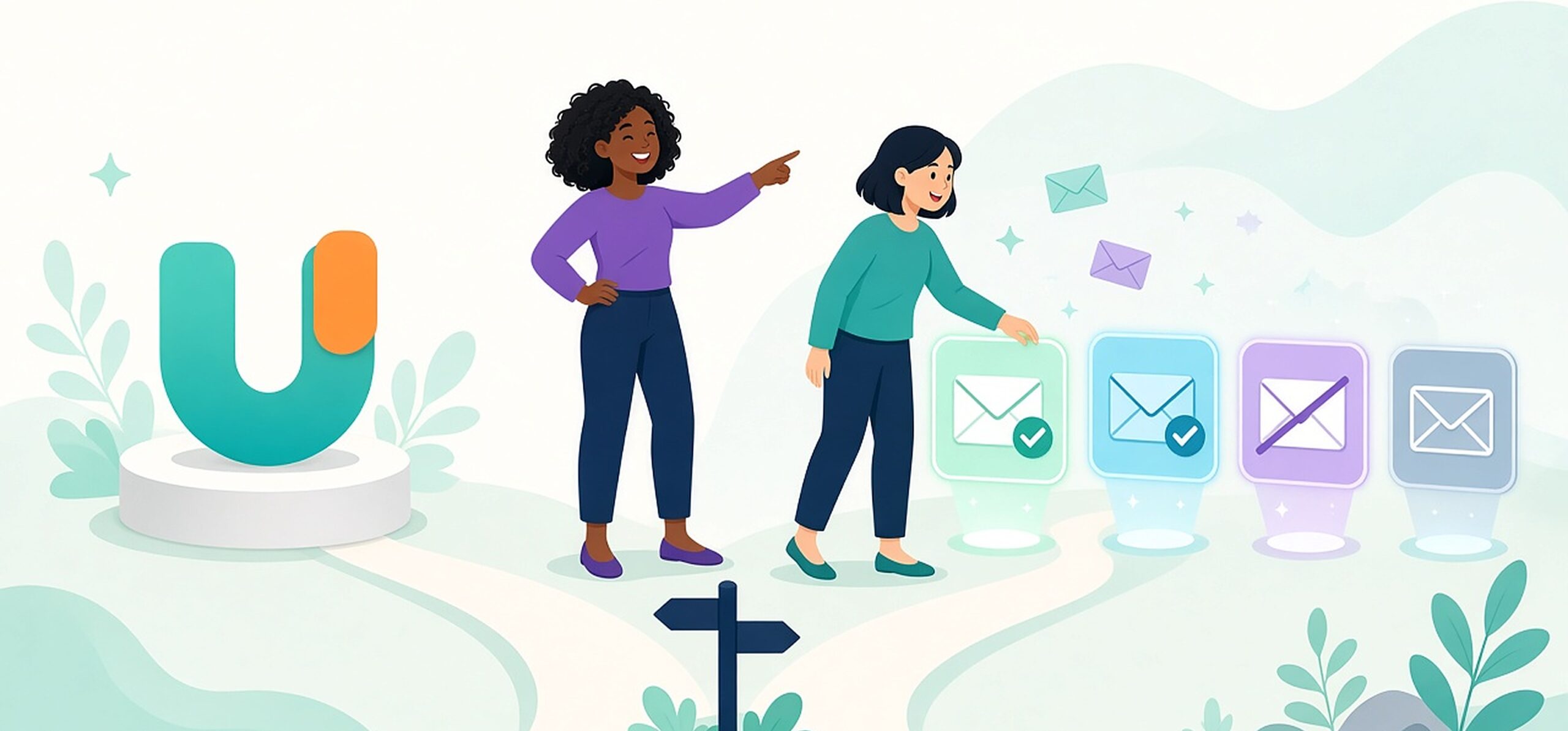 Unroll.Me logo beside alternative inbox cleaner apps being chosen by two women